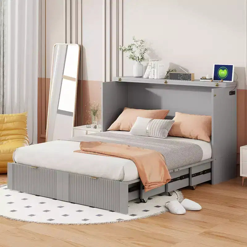 Letto a scomparsa full size con cassetto e prese e porte USB, design della struttura a carrucola