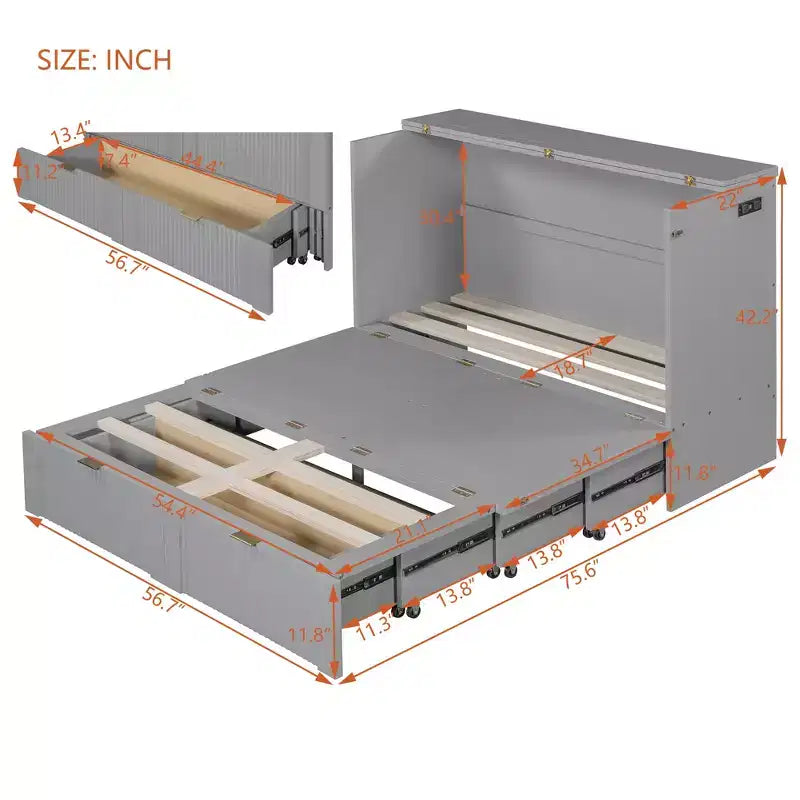 Letto a scomparsa full size con cassetto e prese e porte USB, design della struttura a carrucola
