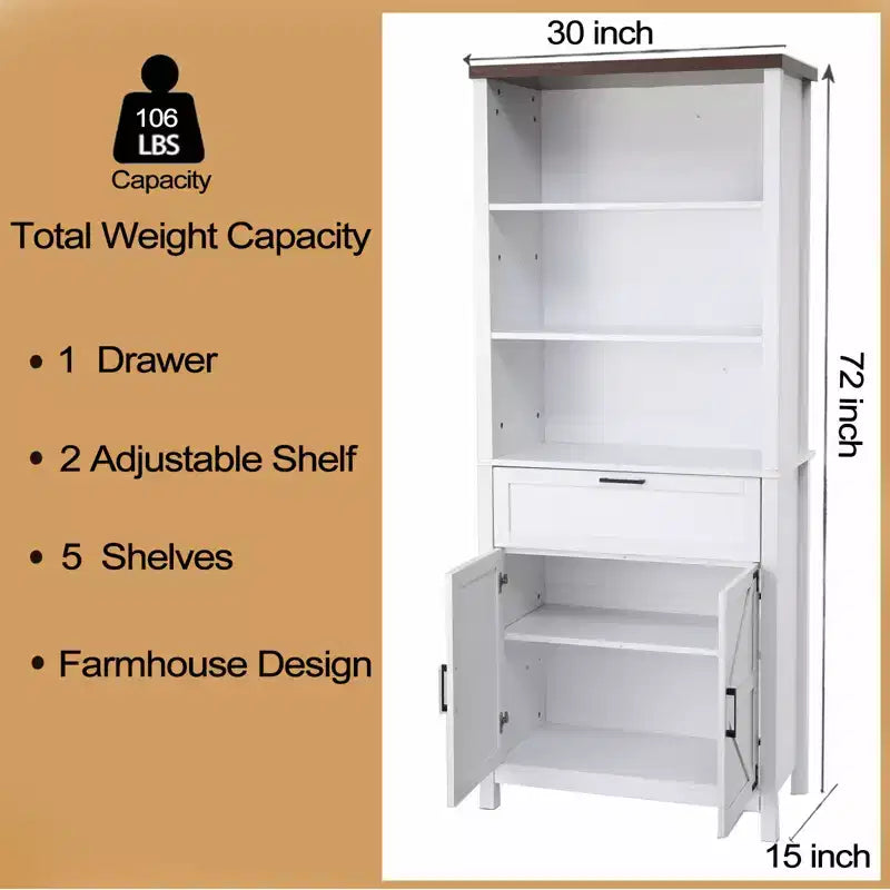 Libreria alta 182 cm con ante, libreria da fattoria con 6 ruote, cassetti e ripiani regolabili per studio, soggiorno, camera da letto