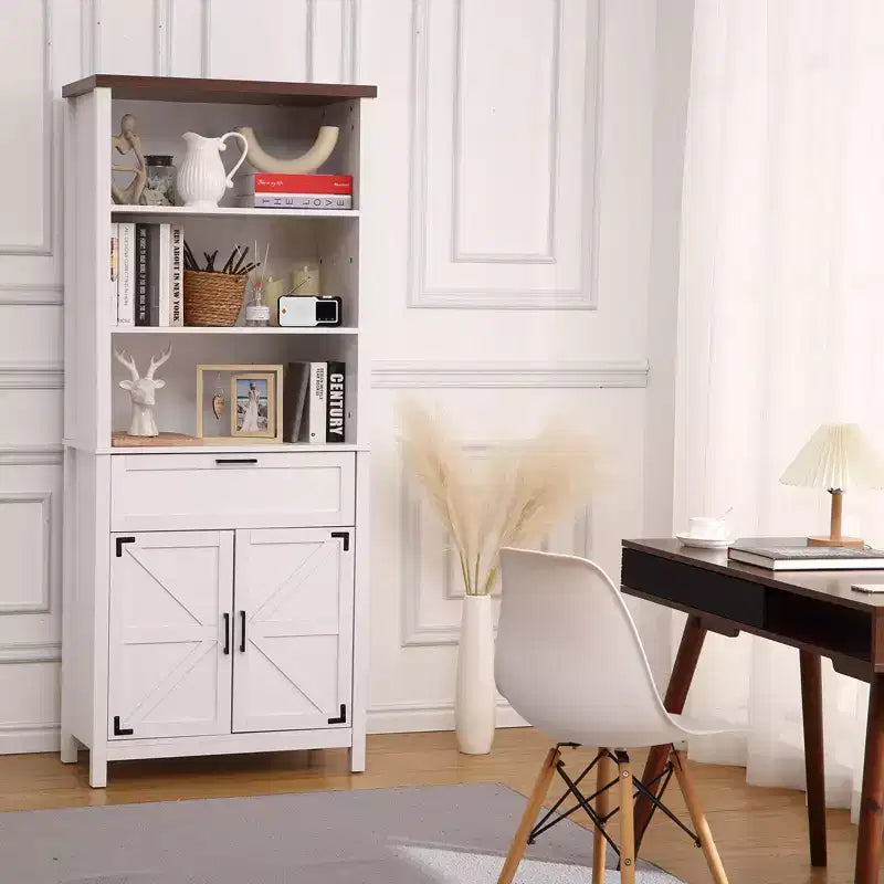 Libreria alta 182 cm con ante, libreria da fattoria con 6 ruote, cassetti e ripiani regolabili per studio, soggiorno, camera da letto