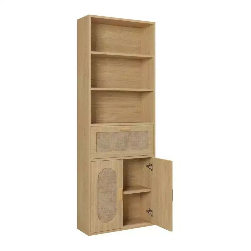 Vetrina in Rattan Marrone Chiaro con 3 ripiani, 1 cassetto e 2 ante, H 180 cm.