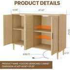 Mobile Contenitore in Rattan con Ricarica e Mobile Bar Caffè - Credenza Boho a 4 Ante (Ripiani Regolabili) Mobile Multifunzionale Boho per Ingresso/Sala da Pranzo