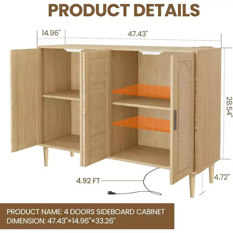 Mobile Contenitore in Rattan con Ricarica e Mobile Bar Caffè - Credenza Boho a 4 Ante (Ripiani Regolabili) Mobile Multifunzionale Boho per Ingresso/Sala da Pranzo