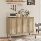 Mobile Contenitore in Rattan con Ricarica e Mobile Bar Caffè - Credenza Boho a 4 Ante (Ripiani Regolabili) Mobile Multifunzionale Boho per Ingresso/Sala da Pranzo