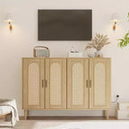 Mobile Contenitore in Rattan con Ricarica e Mobile Bar Caffè - Credenza Boho a 4 Ante (Ripiani Regolabili) Mobile Multifunzionale Boho per Ingresso/Sala da Pranzo