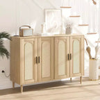 Mobile Contenitore in Rattan con Ricarica e Mobile Bar Caffè - Credenza Boho a 4 Ante (Ripiani Regolabili) Mobile Multifunzionale Boho per Ingresso/Sala da Pranzo