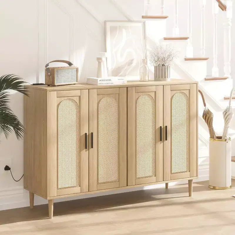 Mobile Contenitore in Rattan con Ricarica e Mobile Bar Caffè - Credenza Boho a 4 Ante (Ripiani Regolabili) Mobile Multifunzionale Boho per Ingresso/Sala da Pranzo