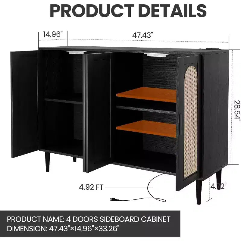 Mobile Contenitore in Rattan con Ricarica e Mobile Bar Caffè - Credenza Boho a 4 Ante (Ripiani Regolabili) Mobile Multifunzionale Boho per Ingresso/Sala da Pranzo