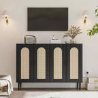 Mobile Contenitore in Rattan con Ricarica e Mobile Bar Caffè - Credenza Boho a 4 Ante (Ripiani Regolabili) Mobile Multifunzionale Boho per Ingresso/Sala da Pranzo