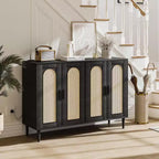 Mobile Contenitore in Rattan con Ricarica e Mobile Bar Caffè - Credenza Boho a 4 Ante (Ripiani Regolabili) Mobile Multifunzionale Boho per Ingresso/Sala da Pranzo
