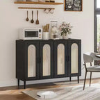 Mobile Contenitore in Rattan con Ricarica e Mobile Bar Caffè - Credenza Boho a 4 Ante (Ripiani Regolabili) Mobile Multifunzionale Boho per Ingresso/Sala da Pranzo