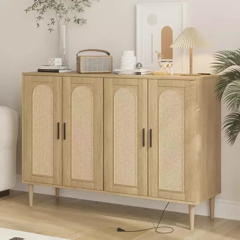 Mobile Contenitore in Rattan con Ricarica e Mobile Bar Caffè - Credenza Boho a 4 Ante (Ripiani Regolabili) Mobile Multifunzionale Boho per Ingresso/Sala da Pranzo