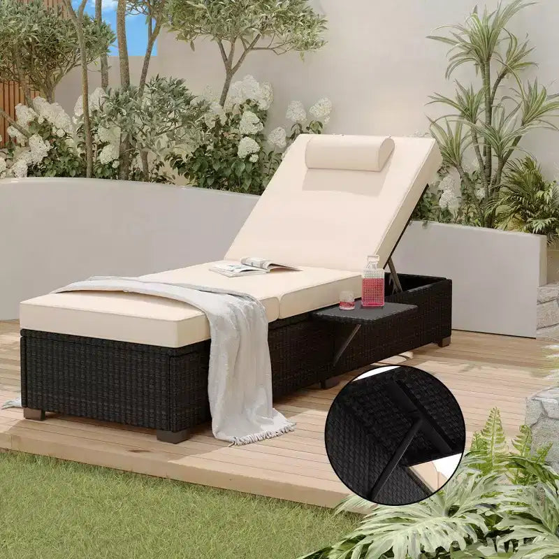 Sdraio da Esterno per Patio, Poltrona Sdraio Regolabile a 5 Posizioni in Rattan con Tavolino Laterale per Piscina, Terrazza