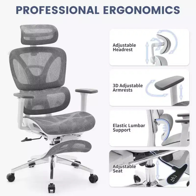 Sedia da Ufficio Ergonomica in Rete con Braccioli 3D Regolabili, Sedia da Scrivania per Computer con Schienale Alto, Poggiapiedi Retrattile e Ruote, Sedia Girevole Comoda