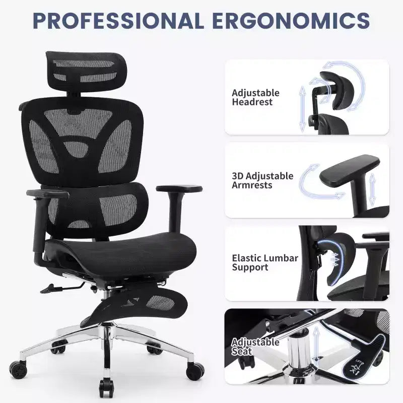 Sedia da Ufficio Ergonomica in Rete con Braccioli 3D Regolabili, Sedia da Scrivania per Computer con Schienale Alto, Poggiapiedi Retrattile e Ruote, Sedia Girevole Comoda
