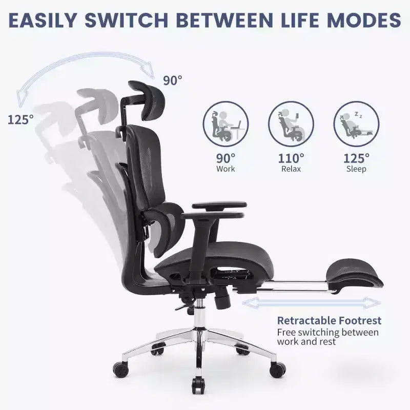 Sedia da Ufficio Ergonomica in Rete con Braccioli 3D Regolabili, Sedia da Scrivania per Computer con Schienale Alto, Poggiapiedi Retrattile e Ruote, Sedia Girevole Comoda