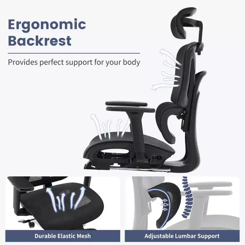 Sedia da Ufficio Ergonomica in Rete con Braccioli 3D Regolabili, Sedia da Scrivania per Computer con Schienale Alto, Poggiapiedi Retrattile e Ruote, Sedia Girevole Comoda