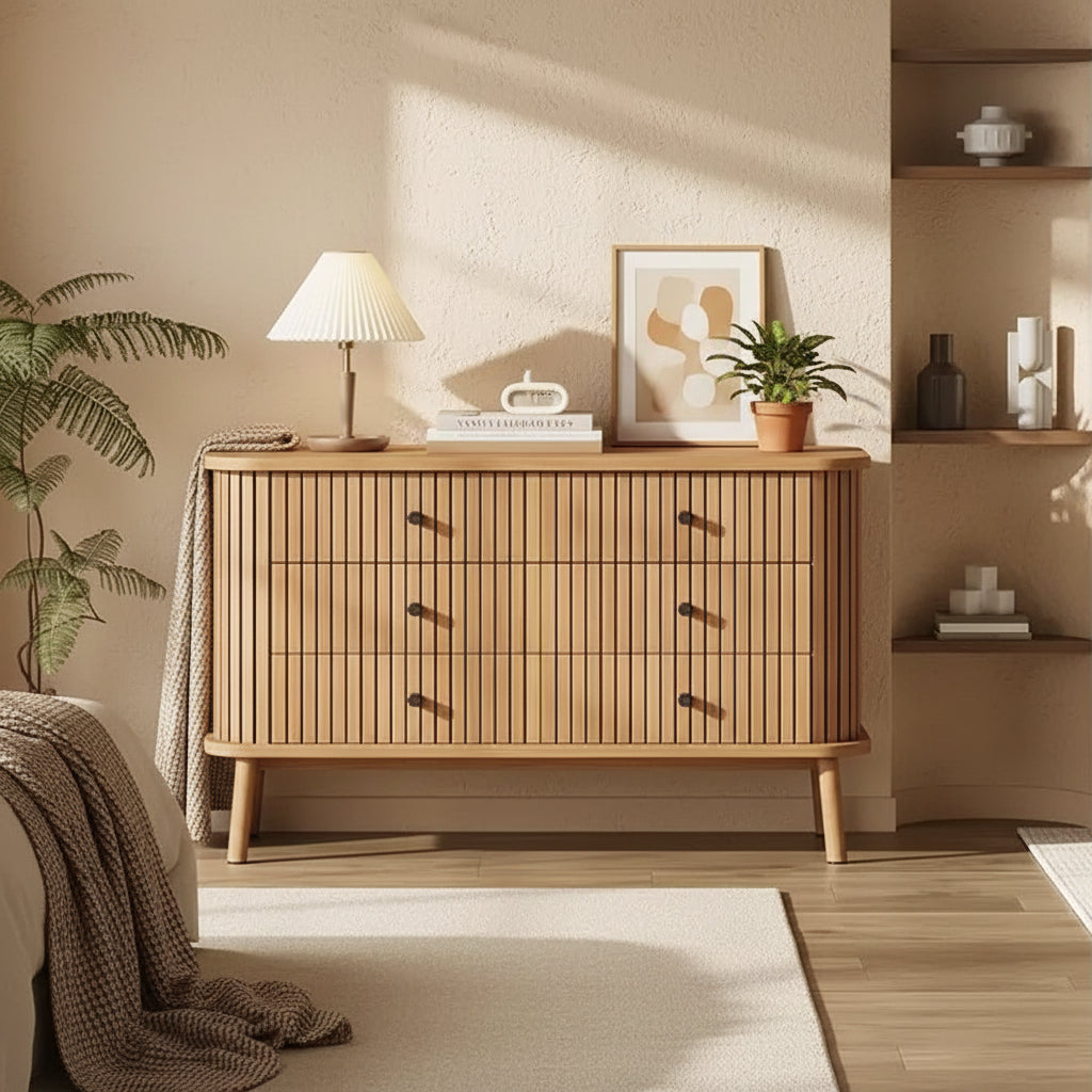 3 Drawer Dresser, Chest of Drawers for Bedroom, Spacious Storage Wicker Dresser with Matte Black Handles and Wood Legs for Closet, Hallway, Nature