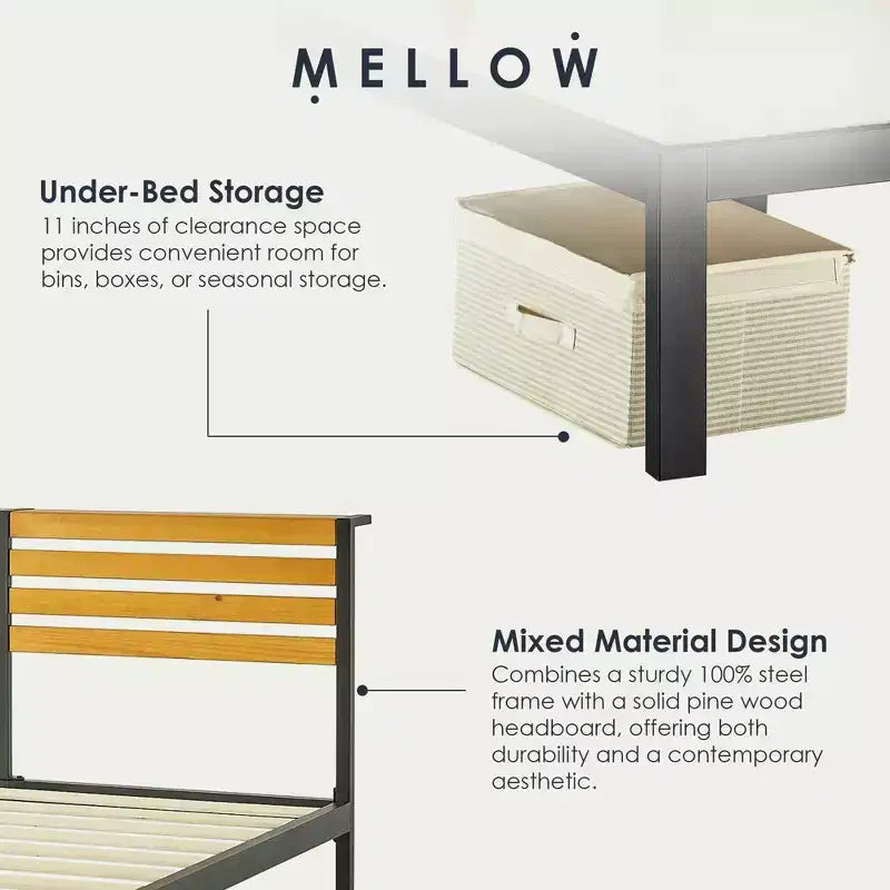 Struttura letto a piattaforma in metallo e legno con mensola/testiera integrata
