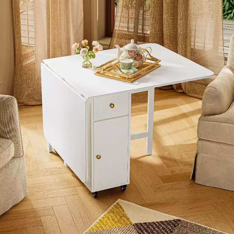 Tavolo Pieghevole da 150 cm Nessun Montaggio Richiesto, Tavolo da Pranzo Rettangolare Estendibile in Legno con Ruote e Contenitore