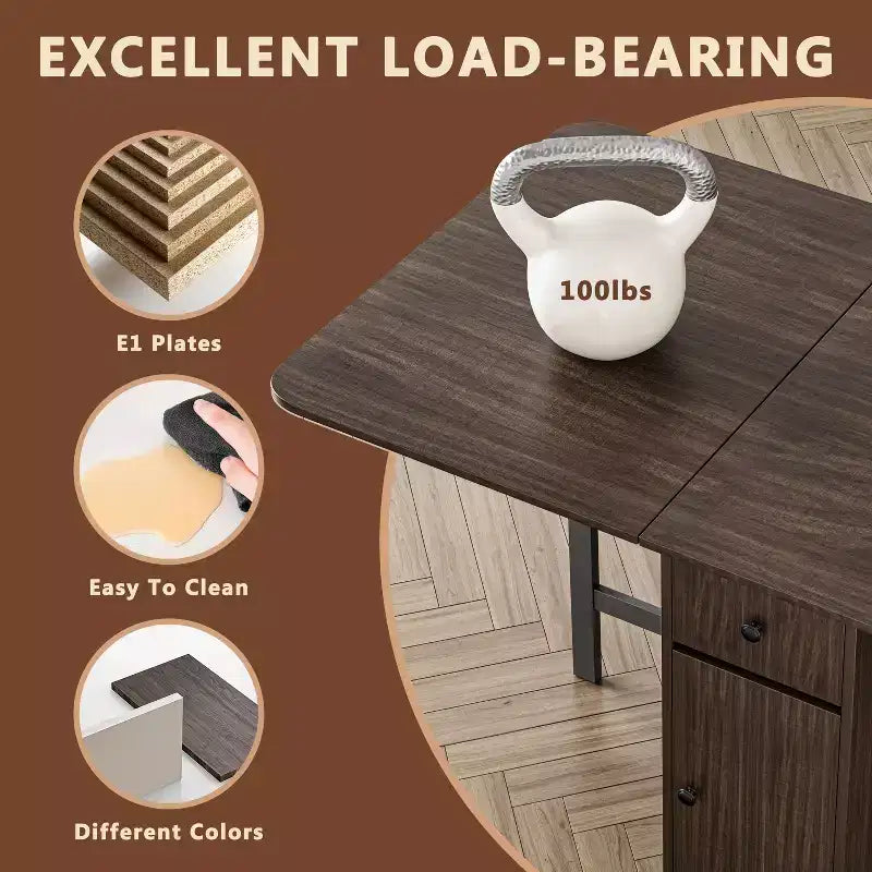 Tavolo Pieghevole da 150 cm Nessun Montaggio Richiesto, Tavolo da Pranzo Rettangolare Estendibile in Legno con Ruote e Contenitore