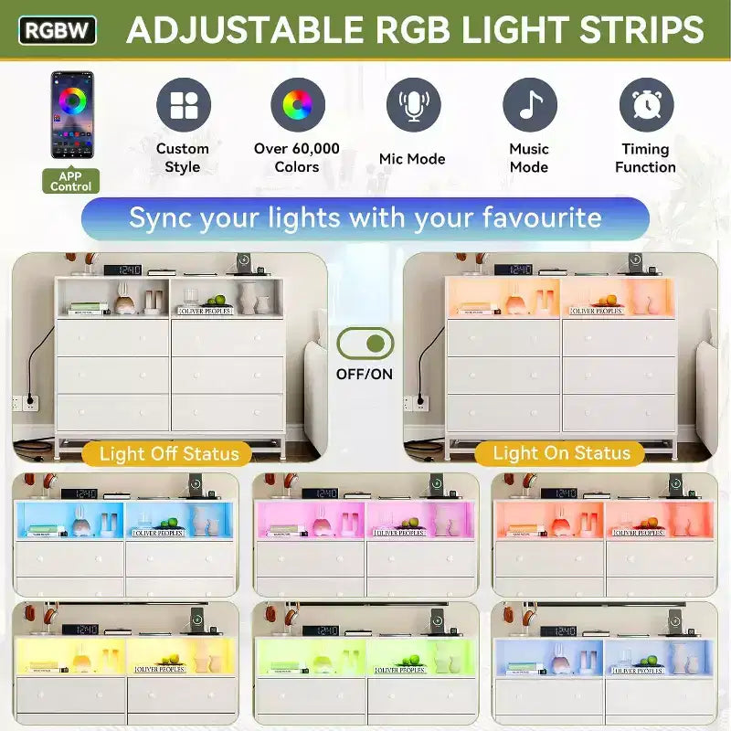 Cassettiera in legno a 6 cassetti con hub USB plug-in e luce LED, cassettiera con struttura in acciaio per soggiorno, camera da letto, ingresso