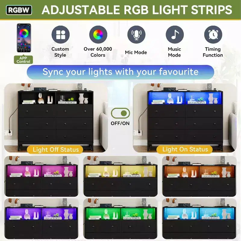 Cassettiera in legno a 6 cassetti con hub USB plug-in e luce LED, cassettiera con struttura in acciaio per soggiorno, camera da letto, ingresso