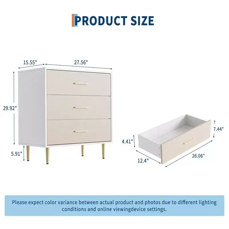 Comodino con 3 cassetti con maniglie e gambe dorate, Comodino in legno con superficie effetto lino, Cassettiera bianca, Tavolino d'appoggio