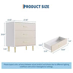 Comodino con 3 cassetti con maniglie e gambe dorate, Comodino in legno con superficie effetto lino, Cassettiera bianca, Tavolino d'appoggio