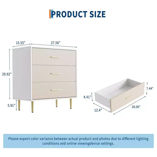 Comodino con 3 cassetti con maniglie e gambe dorate, Comodino in legno con superficie effetto lino, Cassettiera bianca, Tavolino d'appoggio