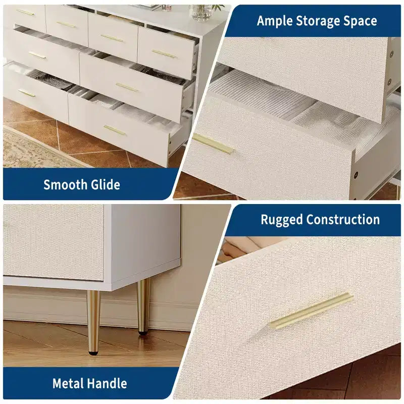 Comodino con 3 cassetti con maniglie e gambe dorate, Comodino in legno con superficie effetto lino, Cassettiera bianca, Tavolino d'appoggio