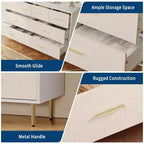 Comodino con 3 cassetti con maniglie e gambe dorate, Comodino in legno con superficie effetto lino, Cassettiera bianca, Tavolino d'appoggio