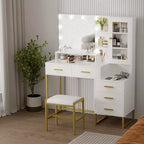 Makeup Vanity with Stool Charging Station, Vanity Desk with Mirror and Lights, Vanity Table Set with Storage Drawers Shelves, Makeup Dressing Table