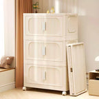 MAYEERTY 19.69 Side 3 Tiers Plastic Folding Stoarge Cabinet with Magnetic Door Wheels Cream White for Living Room