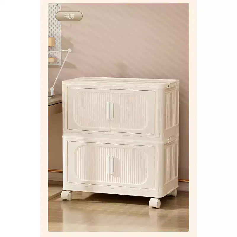 19.69 Mobile Contenitore Pieghevole in Plastica a 3 Livelli con Ante Magnetiche e Ruote Bianco Crema per Soggiorno