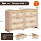 Cassettiera in rattan a 8 cassetti, comò moderno Boho con frontali intrecciati e organizer per camera da letto, corridoio, soggiorno - Naturale