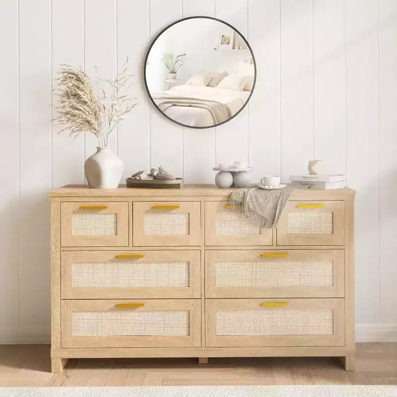Cassettiera in rattan a 8 cassetti, comò moderno Boho con frontali intrecciati e organizer per camera da letto, corridoio, soggiorno - Naturale
