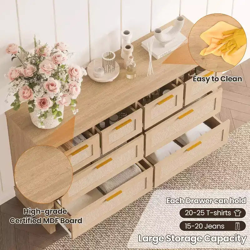 Cassettiera in rattan a 8 cassetti, comò moderno Boho con frontali intrecciati e organizer per camera da letto, corridoio, soggiorno - Naturale