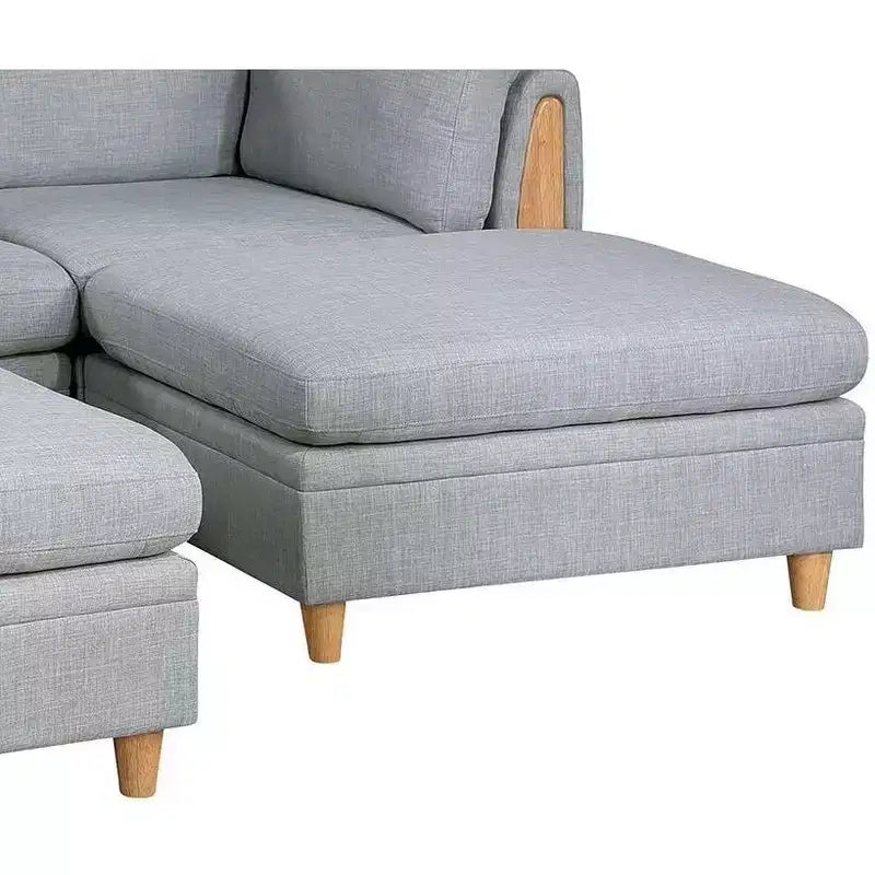 Divano componibile moderno trasformabile con 2 elementi angolari, 1 poltrona senza braccioli, 2 pouf, divano modulare da 5 pezzi per soggiorno