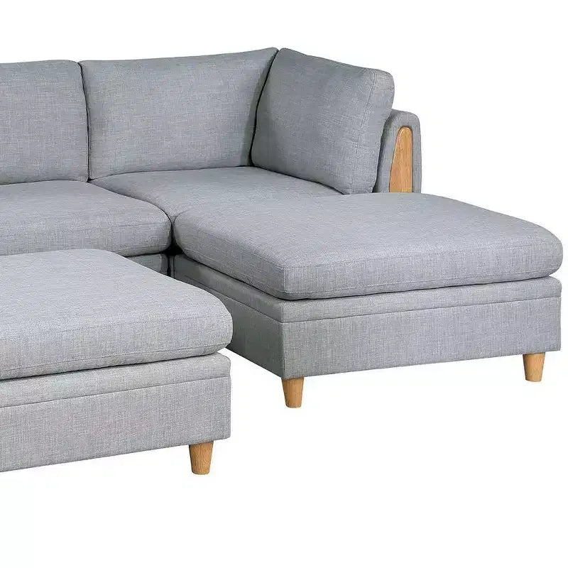 Divano componibile moderno trasformabile con 2 elementi angolari, 1 poltrona senza braccioli, 2 pouf, divano modulare da 5 pezzi per soggiorno