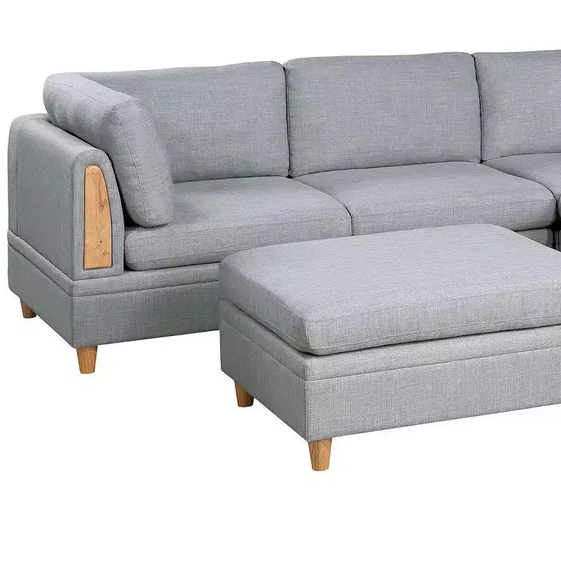 Divano componibile moderno trasformabile con 2 elementi angolari, 1 poltrona senza braccioli, 2 pouf, divano modulare da 5 pezzi per soggiorno