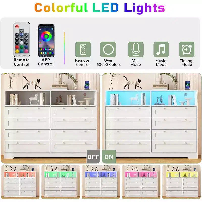 Cassettiera a 8 cassetti con stazione di ricarica e luci LED, Comò moderno con presa di corrente, Armadietto organizer per camera da letto, soggiorno