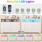 Cassettiera a 8 cassetti con stazione di ricarica e luci LED, Comò moderno con presa di corrente, Armadietto organizer per camera da letto, soggiorno