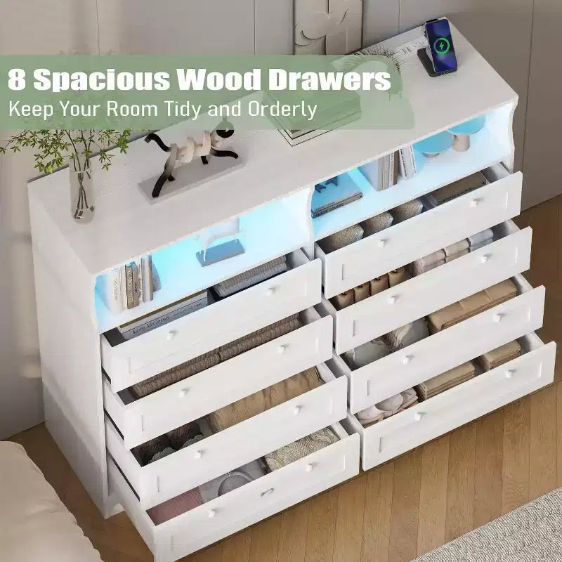 Cassettiera a 8 cassetti con stazione di ricarica e luci LED, Comò moderno con presa di corrente, Armadietto organizer per camera da letto, soggiorno