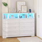 Cassettiera a 8 cassetti con stazione di ricarica e luci LED, Comò moderno con presa di corrente, Armadietto organizer per camera da letto, soggiorno