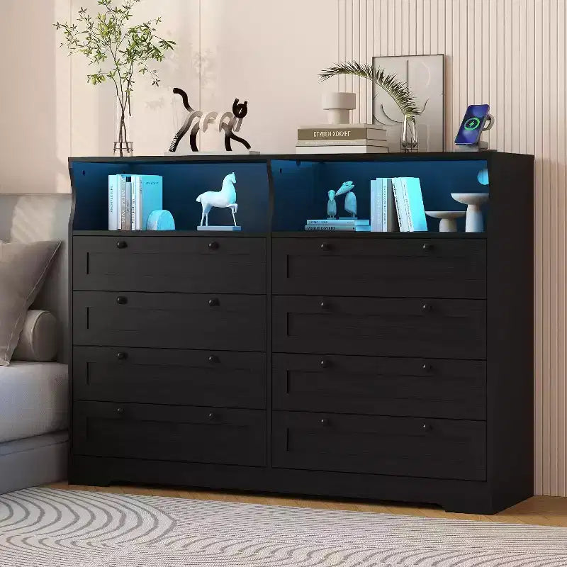 Cassettiera a 8 cassetti con stazione di ricarica e luci LED, Comò moderno con presa di corrente, Armadietto organizer per camera da letto, soggiorno