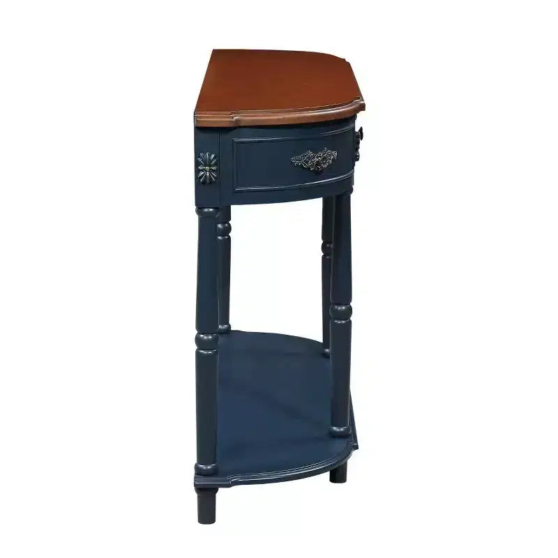 Tavolo Console Curvo Retrò da 52'' con Ripiano Aperto e 2 Cassetti per Soggiorno e Ingresso, Blu Navy e Piano Marrone