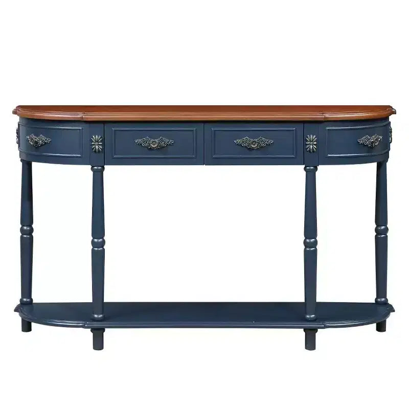 Tavolo Console Curvo Retrò da 52'' con Ripiano Aperto e 2 Cassetti per Soggiorno e Ingresso, Blu Navy e Piano Marrone