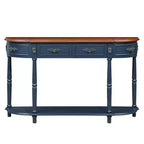 Tavolo Console Curvo Retrò da 52'' con Ripiano Aperto e 2 Cassetti per Soggiorno e Ingresso, Blu Navy e Piano Marrone