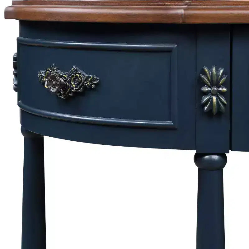 Tavolo Console Curvo Retrò da 52'' con Ripiano Aperto e 2 Cassetti per Soggiorno e Ingresso, Blu Navy e Piano Marrone